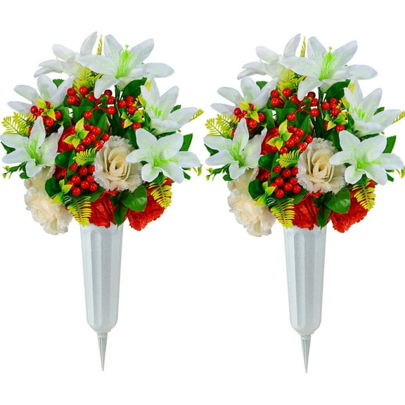 Cemetery Flowers, Set of Artificial Flowers Bouquet Grave Memorial Flowers with Vase for Cemetery Headstones Graveyard Decoration (White Lily)