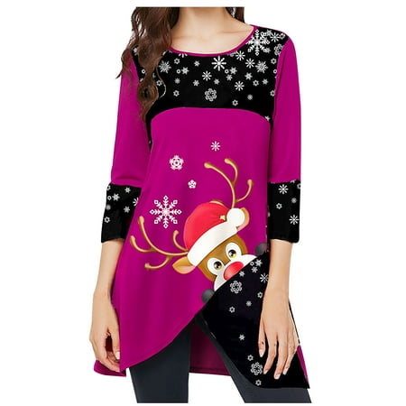 

Bospose Christmas Vacation Shirt O-Neck Shirt For Women Long Sleeve Shirt Women Corset Top Lace Top Purple Sweatshirt Women S Slim Temperament Thread Splicing Short Blouse Women T-Shirt Snowflake Elk