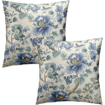 Blue Flower Outdoor Pillows Cover 16x16 Inch Pack of 2 Blue and Beige Chinoiserie Floral Decorative Pillow Case Spring Summer Square Cotton Throw Couch Protector for Home Sofa Porch Bed