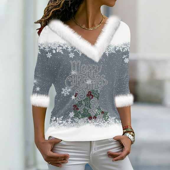Craaazy Christmas Womens Shirts Fluffy Fuzzy V Neck Xmas Long Sleeve Womens Tops Snowflake Graphic Blouse Gifts for Women