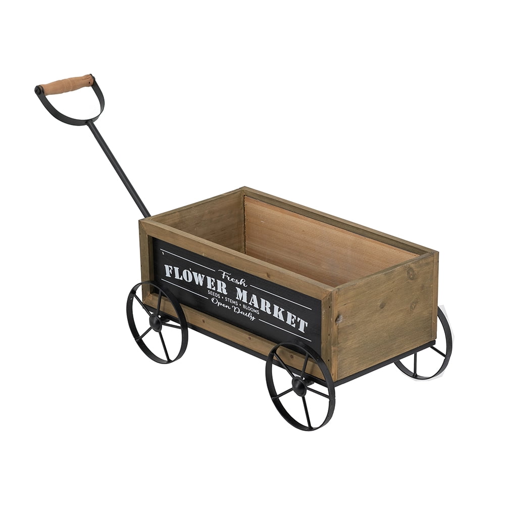 Farmhouse Flower Market Wagon Planter 16.5x9.5x8 Inch Black Metal Wheels for Tabletop Kitchen Counter