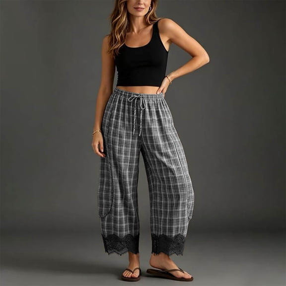 Women's Gingham Wide Leg Pants,Elastic Drawstring Waist Plaid Barrel Trousers with Pockets,Lace Hem Lounge Trousers for Casual Outing,High Waisted Loose Comfy Lounge Pants Black L