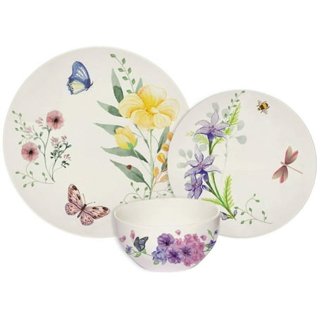 Oven Safe Dinnerware Melange 18-Piece Place Setting Premium Porcelain Dinnerware Set (Butterfly Garden Collection) | Service for 6 | Microwave, Dishwasher & Oven Safe | Dinner Plate, Salad Plate & Soup Bowl 6 Each) ()