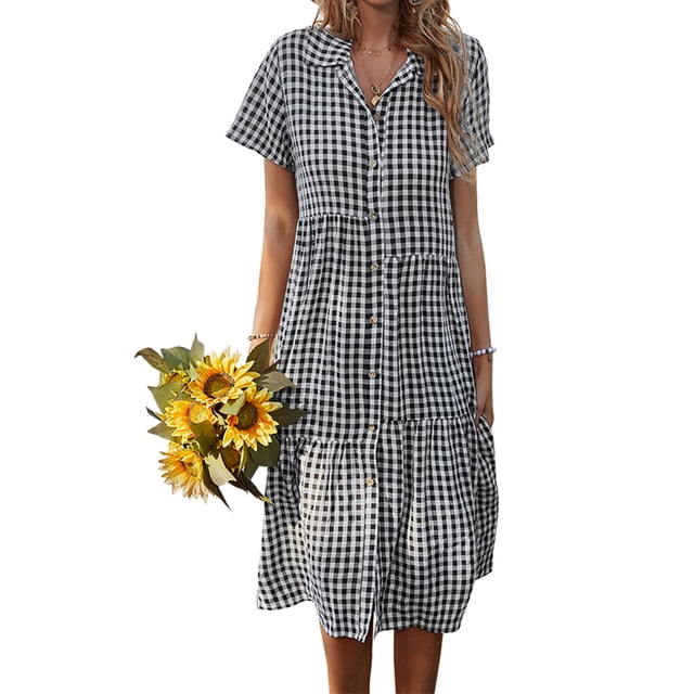 VISgogo Vestido camisero con botones para mujer, casual, manga corta, estampado a cuadros, vestido midi de línea A VISgogo moda