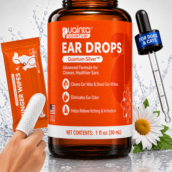 PUAINTA Dog Ear Drops with Finger Cots, Quantum Silver Ear Cleaner for Dogs & Cats, Relieves Itching & Wax Build-Up, 1 oz