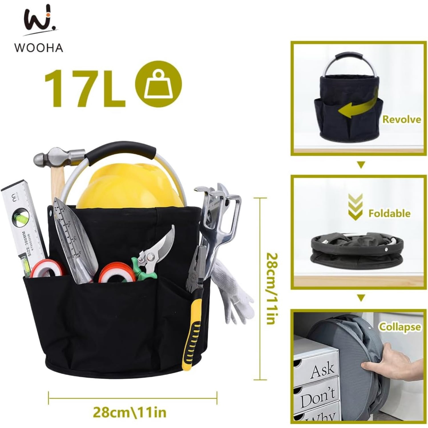 Tool Organizers Bag 34L Collapsible Tool Bag Laundry Organizer Outdoor Camping Garden Harvest Basket Home Bathroom Storage Bath Wash Bag（Black+Grey）