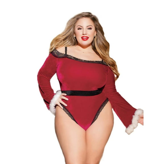 Plus Size Velvet Off Shoulder Faux Fur Holiday Teddy Lingerie