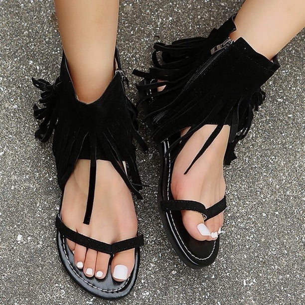 Sandalias romanas con punta de jersey y cremallera lateral plana, transpirables, informales, vintage, para mujer Wmkox8yii nm2425