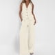 thumbnail image 2 of Conjunto informal de algodón de 2 piezas para mujer: camisa chaleco sin mangas con botones y pantalones rectos de pierna ancha con bolsillos, diseño sexy en el pecho, para uso diario/formal., 2 of 8