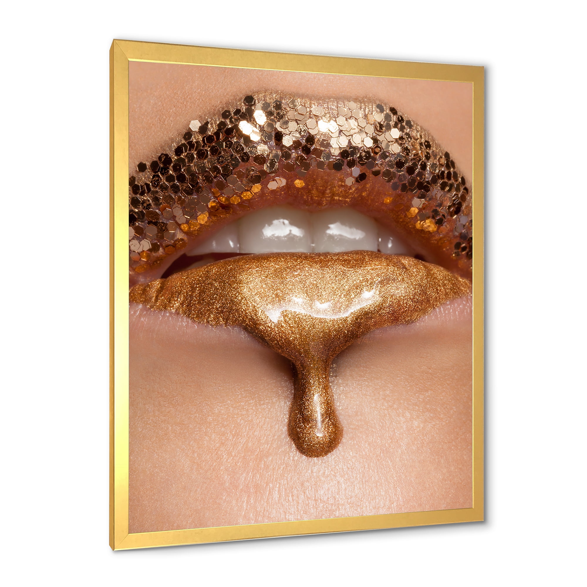 Designart 'Close-Up Of Woman Make-Up Of Gold Liquid Lips' Modern Framed Art Print
