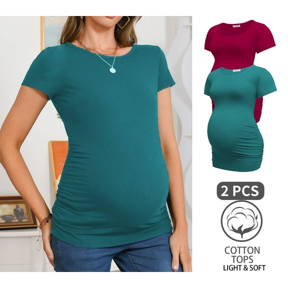 Bearsland Women’s Cotton Breathable Short Sleeve Maternity Shirt Casual Side Ruched Tunic Pregnancy Top Clothes 2-Pack