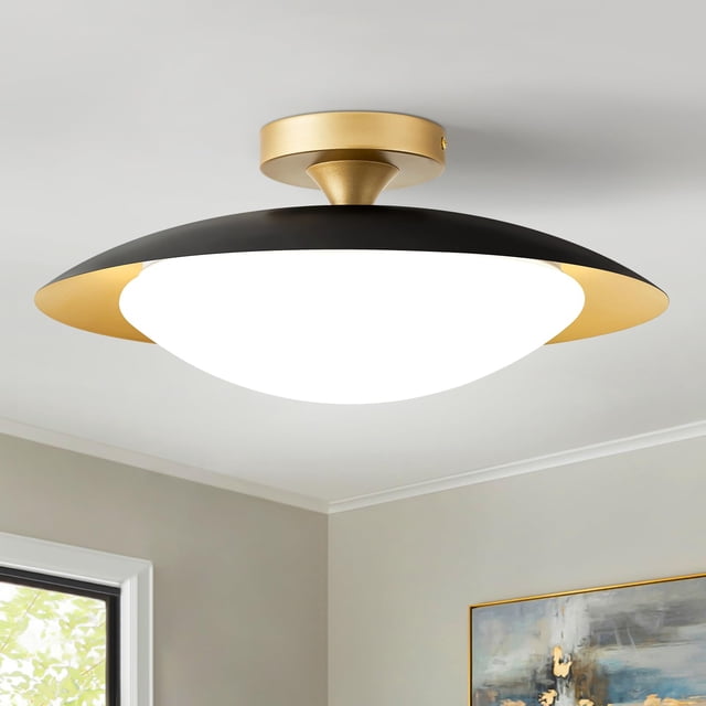 Dimmable Modern Mid-Century Ceiling Light, Black and Gold LED Semi Flush Mount Ceiling Light, 5CCT 2700K-6000K Lighting Fixture Ceiling Lamp with Gla