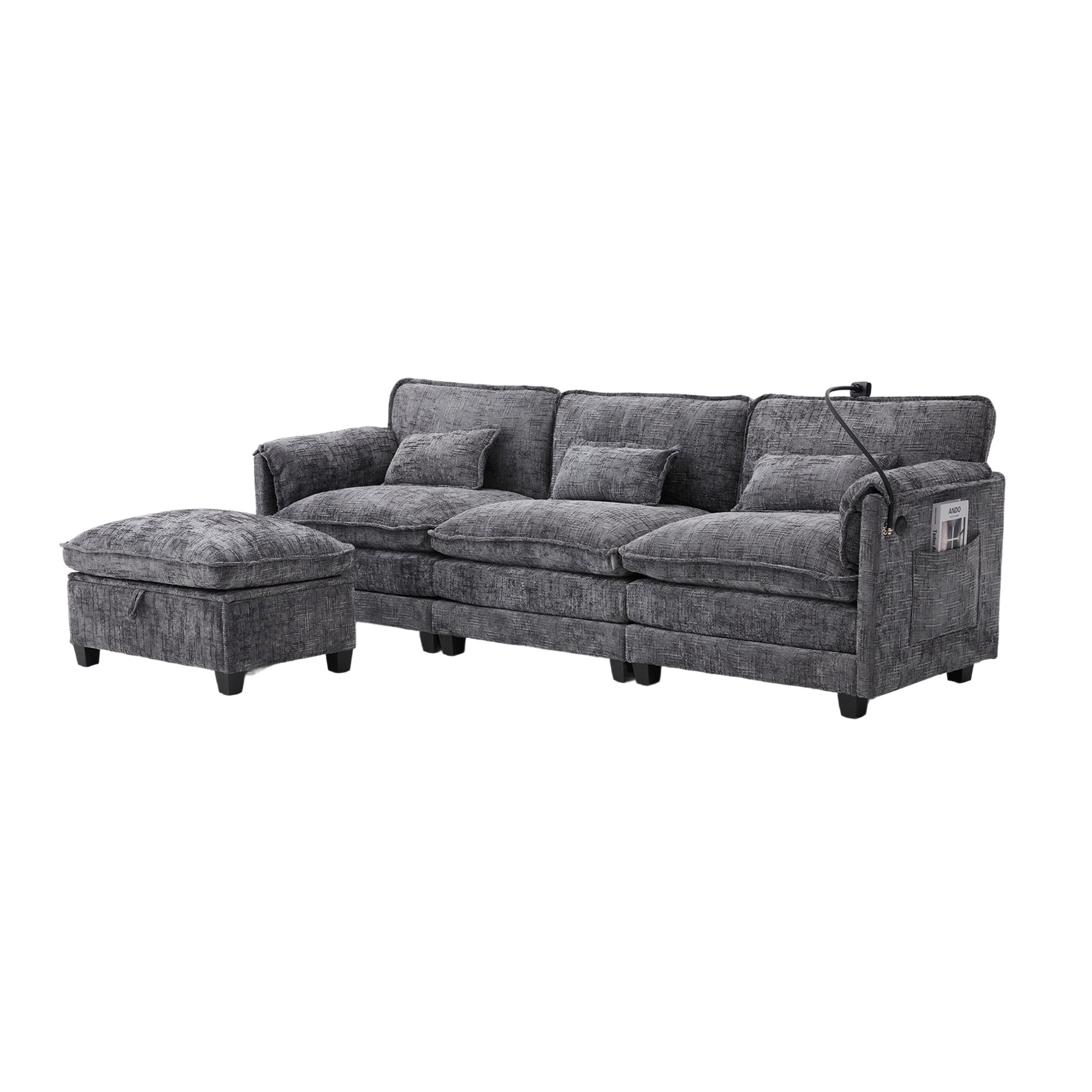 Noble House Modern 112" Oversized L-Shape Sectional Sofa, Chenille Cloud Couch with Modular Storage Ottoman, Gray