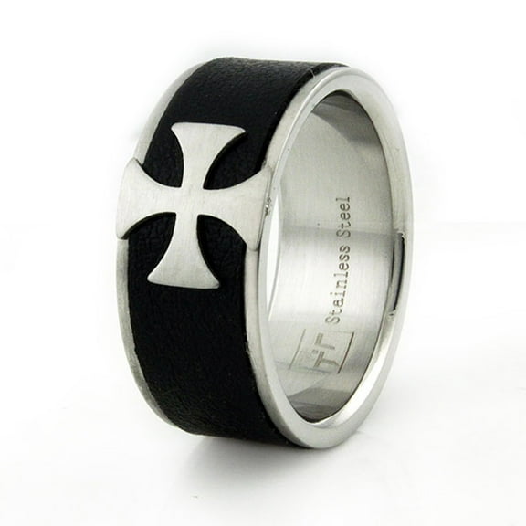 Tioneer Stainless Steel Leather Inlay Biker Cross Wedding CZ Band Ring