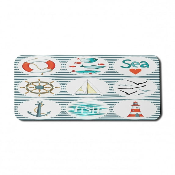 Nautical Computer Mouse Pad, Sea Set Fishes Life Gulls Lighthouse Marine Inspired Maritime Theme, Rectangle Non-Slip Rubber Mousepad X-Large, 35" x 15" Gaming Size, White Red Blue, by Ambesonne