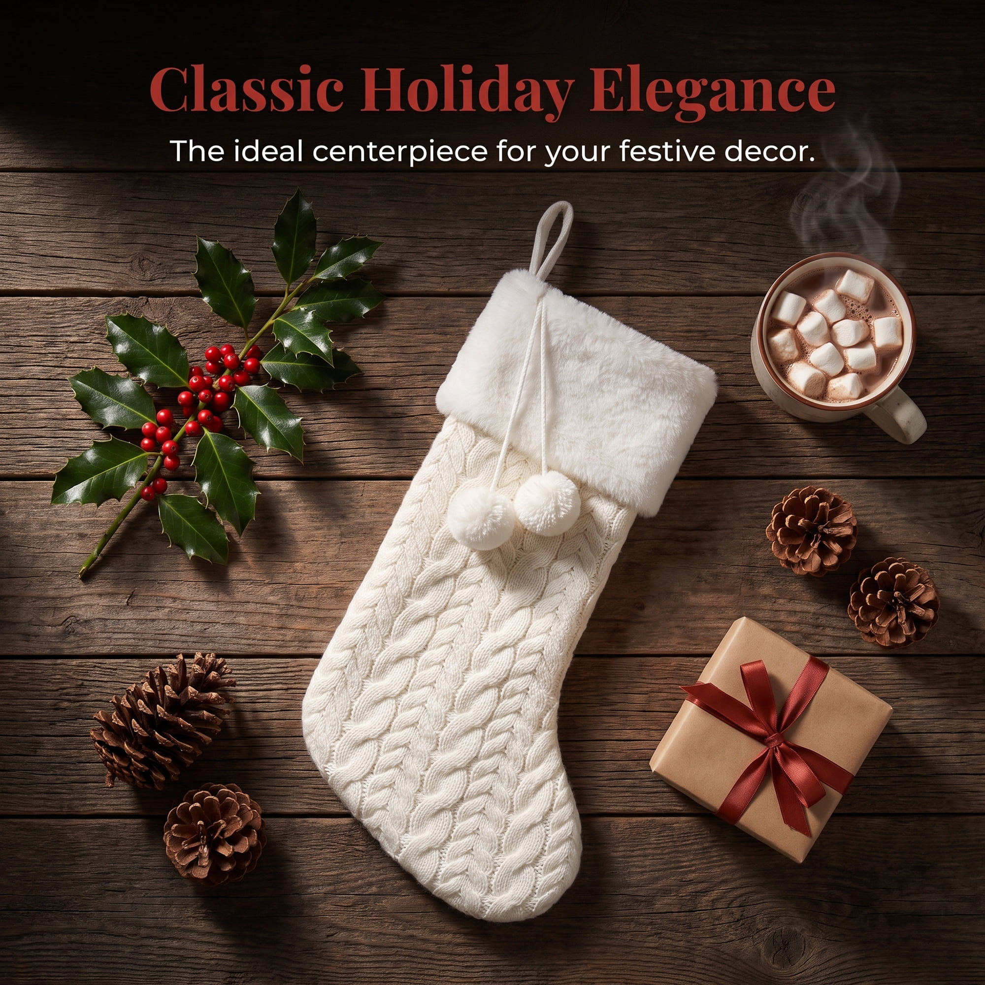 Unique Bargains Pom-Poms Stocking Luxury Knitted Sock White 16"