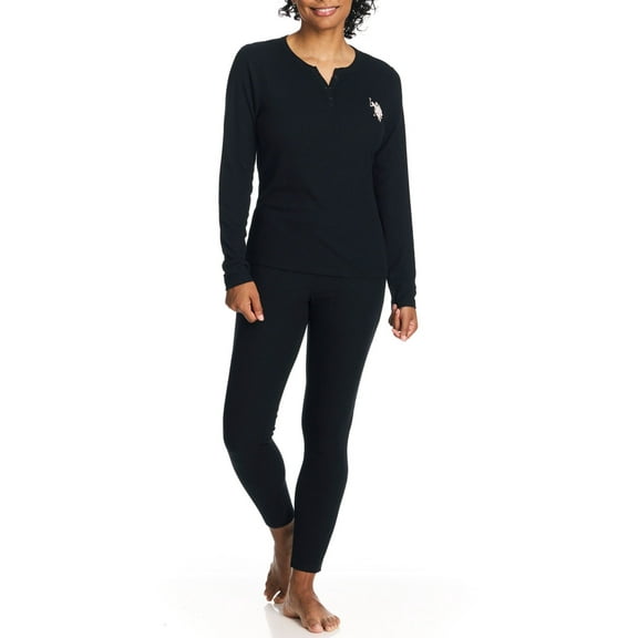 U.S. Polo Assn. Women's Ribbed Henley Long Underwear Thermal Set, 2-Piece Set