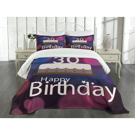 Ambesonne Abstract Quilted Bedspread Set 3 Pcs, Birthday Cake Candles, Queen Size, Pink Navy Blue White