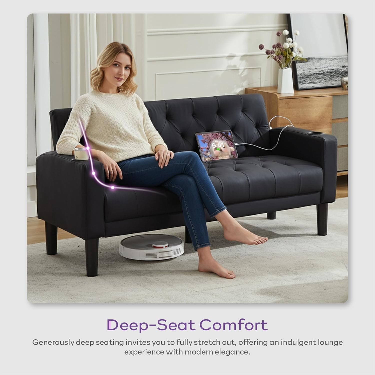 LAZZO 62" Loveseat Sofa, Tufted Couch with USB Ports and Cupholders for Living Room, Office and Bedroom, Black