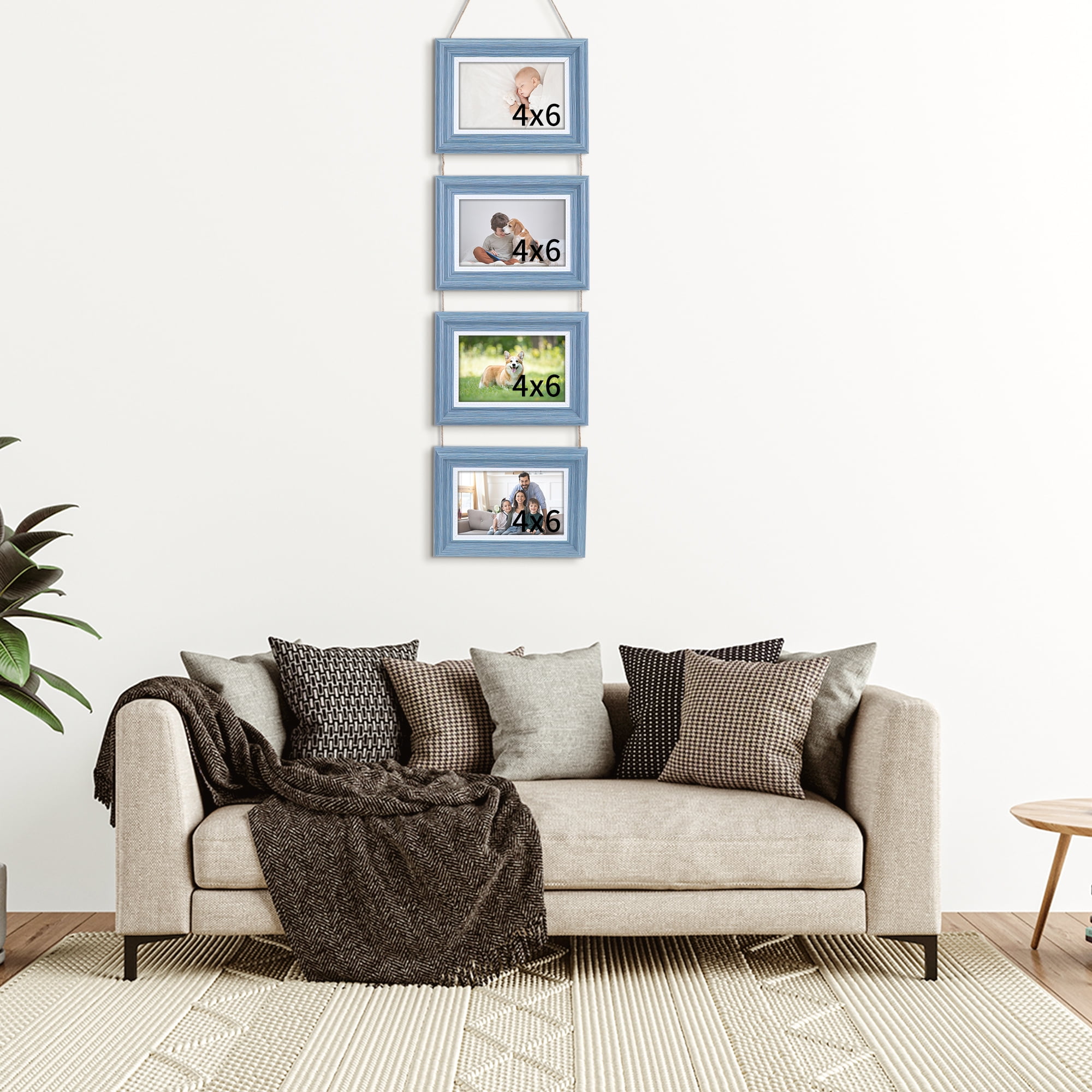 Unique Bargains Picture Frames with Rope for Wall Decor Blue Three Horizontal 4x6