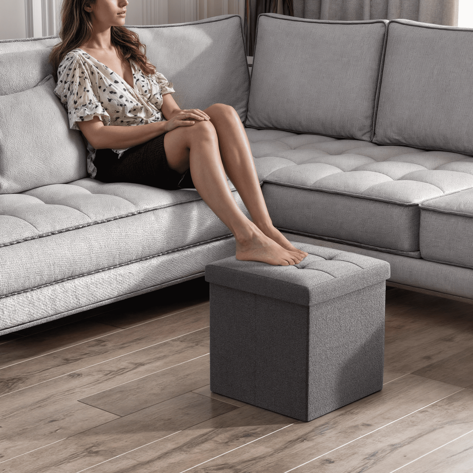 Magshion 15" Cube Folding Ottoman with Storage, Cotton-linen Collapsible Storage Ottoman Foot Stool, for Living Room Bedroom Entryway, Dark Gray