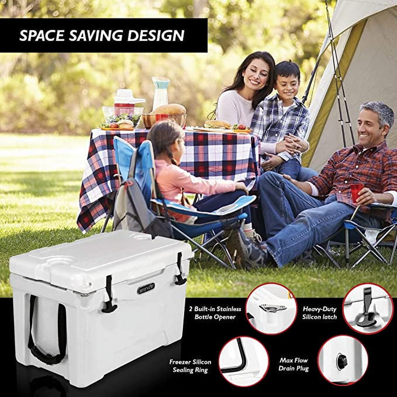 SereneLife 50 Quart Portable Cooler Box Lightweight Heavy-Duty Travel Ice Cooler W/ Handles (White)