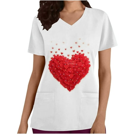 

Valentines Day Gifts for Her UHEOUN Womens Tops Valentines Scrubs for Women Women s V-neck Valentines Day Printed Short Sleeve Pockets Scrubs Tops End of Year Clearance