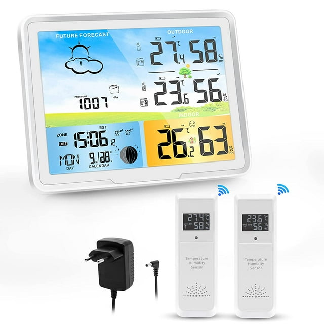 Estación meteorológica inalámbrica con 2 sensores exteriores, radio reloj DCF Alarmas interiores y exteriores Temperatura y humedad del aire Sincero Electrónica