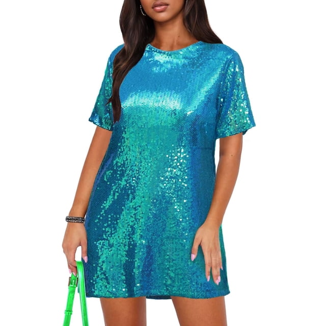 Vestido tipo camiseta Ophestin con lentejuelas brillantes, manga corta, verde