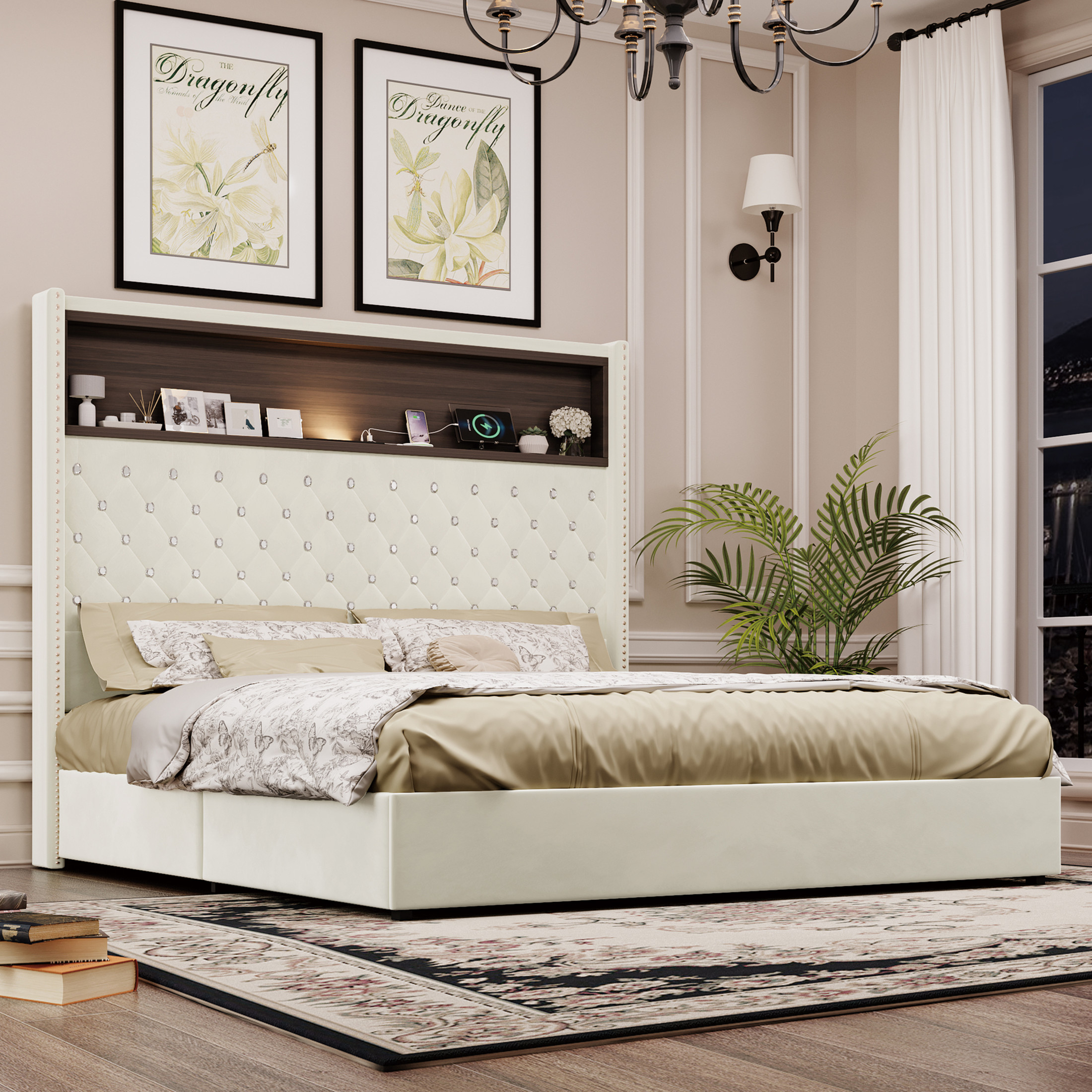 Noble House Queen Size Velvet Tufted Bed Frame with USB Port, Night Light, 52" Rivet-Decor Headboard,Headboard Shelf, Beige