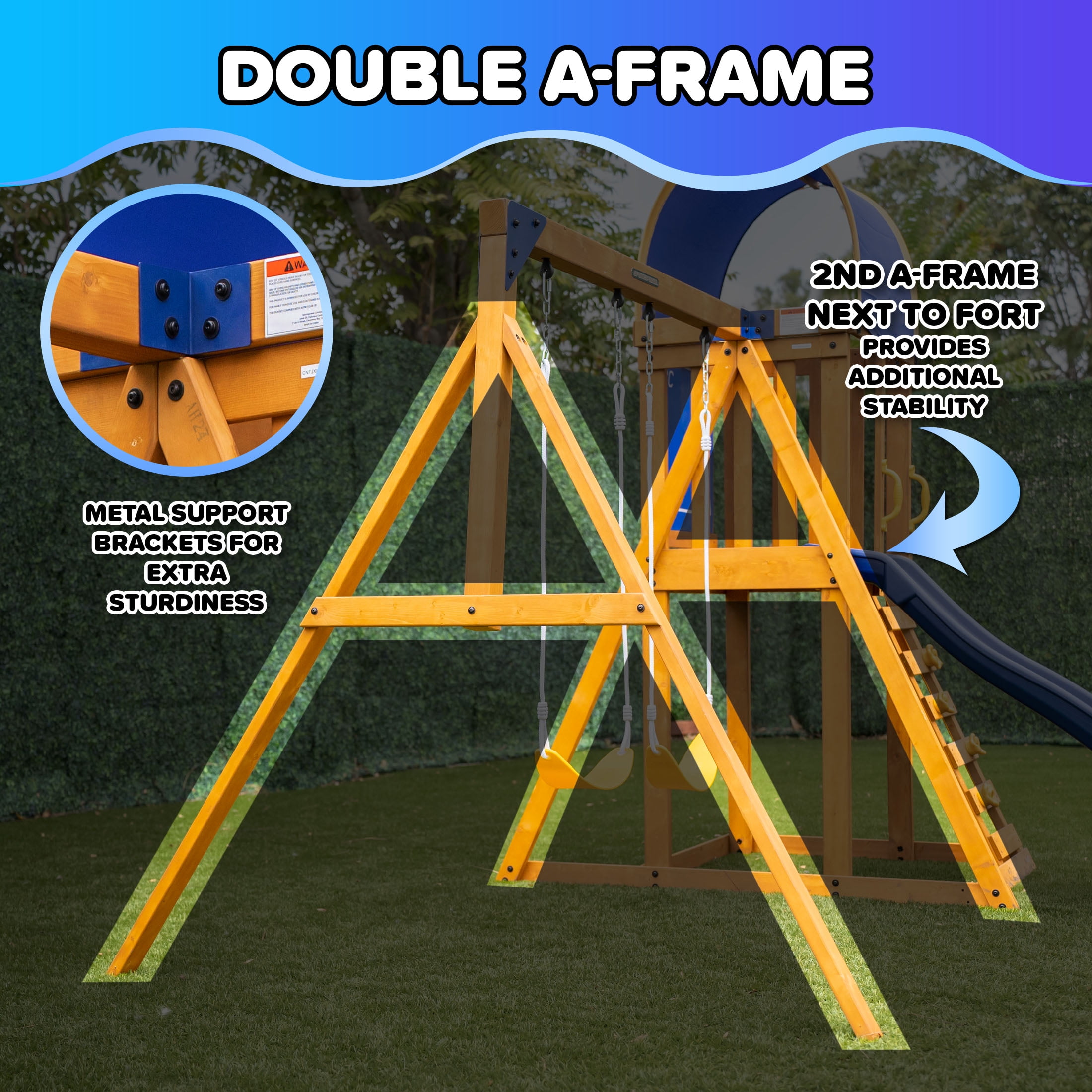 Sportspower Amelia Wooden Swing Set 2 Person Saucer Swing 6 Blow Molded Slide Swing Play Fort Heavy Duty Double A Frame Lifetime Warranty Slide