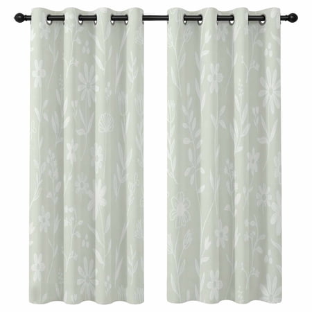 Green Line Floral Blackout Curtains 63 Inches Long Romantic Wildflowers Leaves Thermal Insulated Room Darkening Drapes with Grommets for Living Room 52 W x 63 L 2 Panels