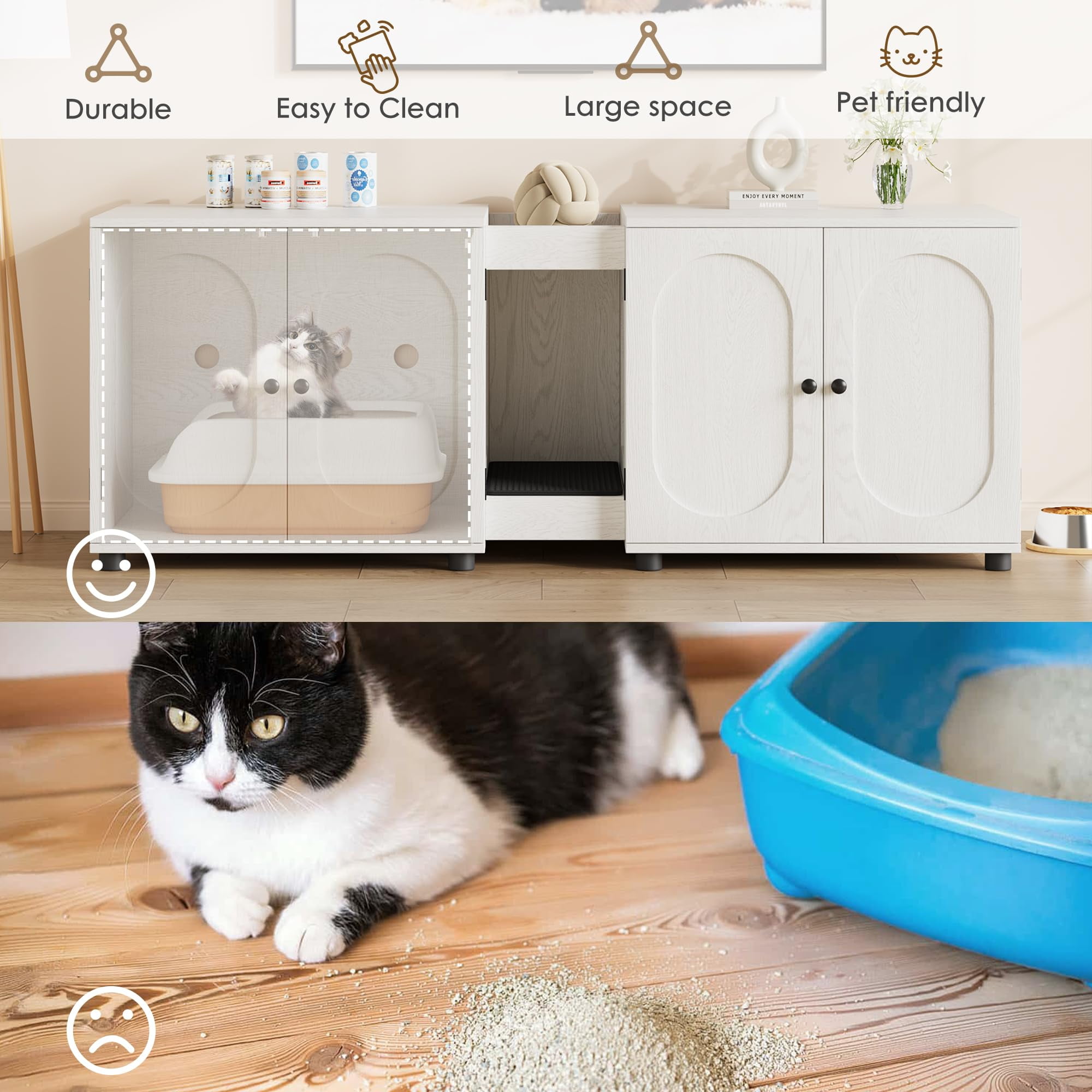 TROPOW Cat Litter Box Enclosure 55.1" Double Litter Box Furniture Large Cat Box Enclosure Kitty Litter Box for 2 Cats Hidden Cat Litter Cabinet Double Cage with Cat Litter pad Rattan Door,White