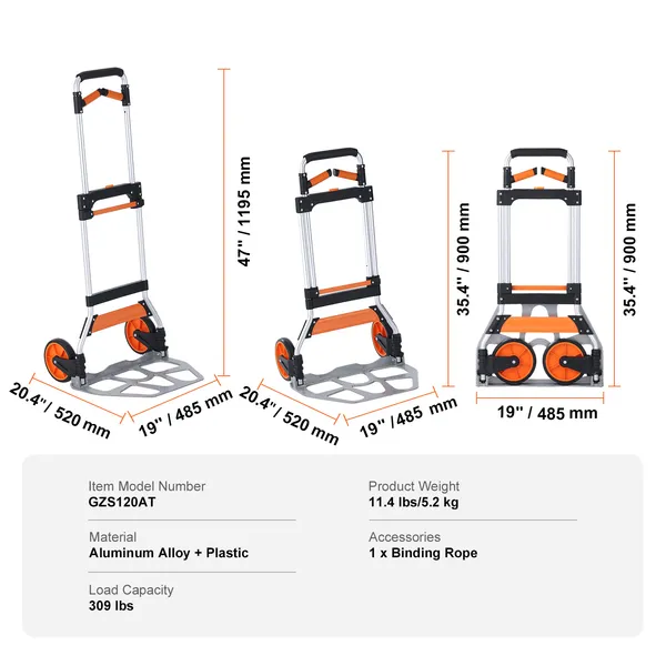 Folding Hand Truck with 309lbs Capacity,Aluminum Portable Cart,Convertible Dolly with Telescoping Handle and Durable Wheels for Easy Moving
