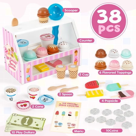 Dreamon Kids Ice Cream Counter Toy Set, 38 Pieces Wooden Ice Cream Set, Suitable for Ages 3+, Christmas Birthday Gift for Boys and Girls