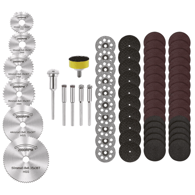 Kit Discos Corte Sierra Hss BLOOSOM Para Dremel Mototool Taladro 64 pzs Plata/Negro/Vino