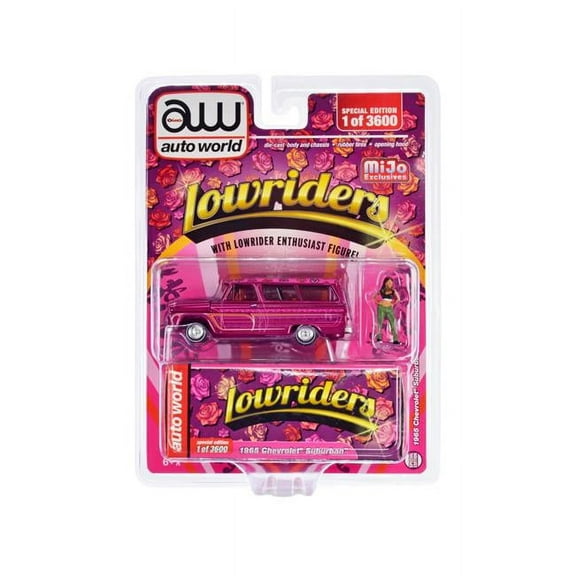 1965 Chevrolet Suburban Lowrider Magenta Metallic with Graphics and "American Diorama" Lowrider Enthusiast Diecast Figure "Lowriders" Limited Edition to 3600 pieces Worldwide 1/64 Diecast Model Car