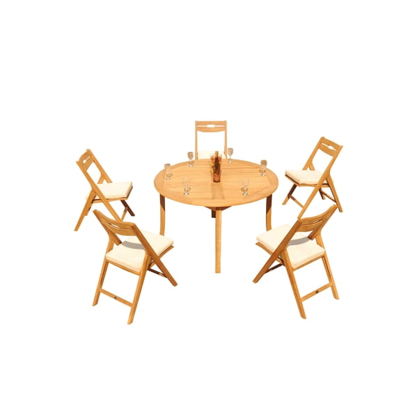 Grade-A Teak Dining Set: 5 Seater 6 Pc: 52" Round Table And 5 Surfliner Folding Reclining Arm Chairs Outdoor Patio WholesaleTeak #51SL1106