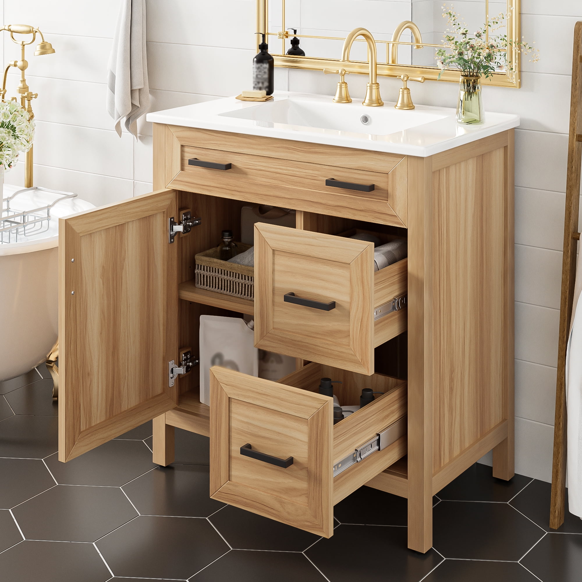 Harper & Bright Designs 30" Wood Bathroom Vanity with Sink, Bathroom Cabinet Freestanding with Drawers, Modern Bathroom Cabinet Freestanding with Adjustable Shelf, Acacia Wood