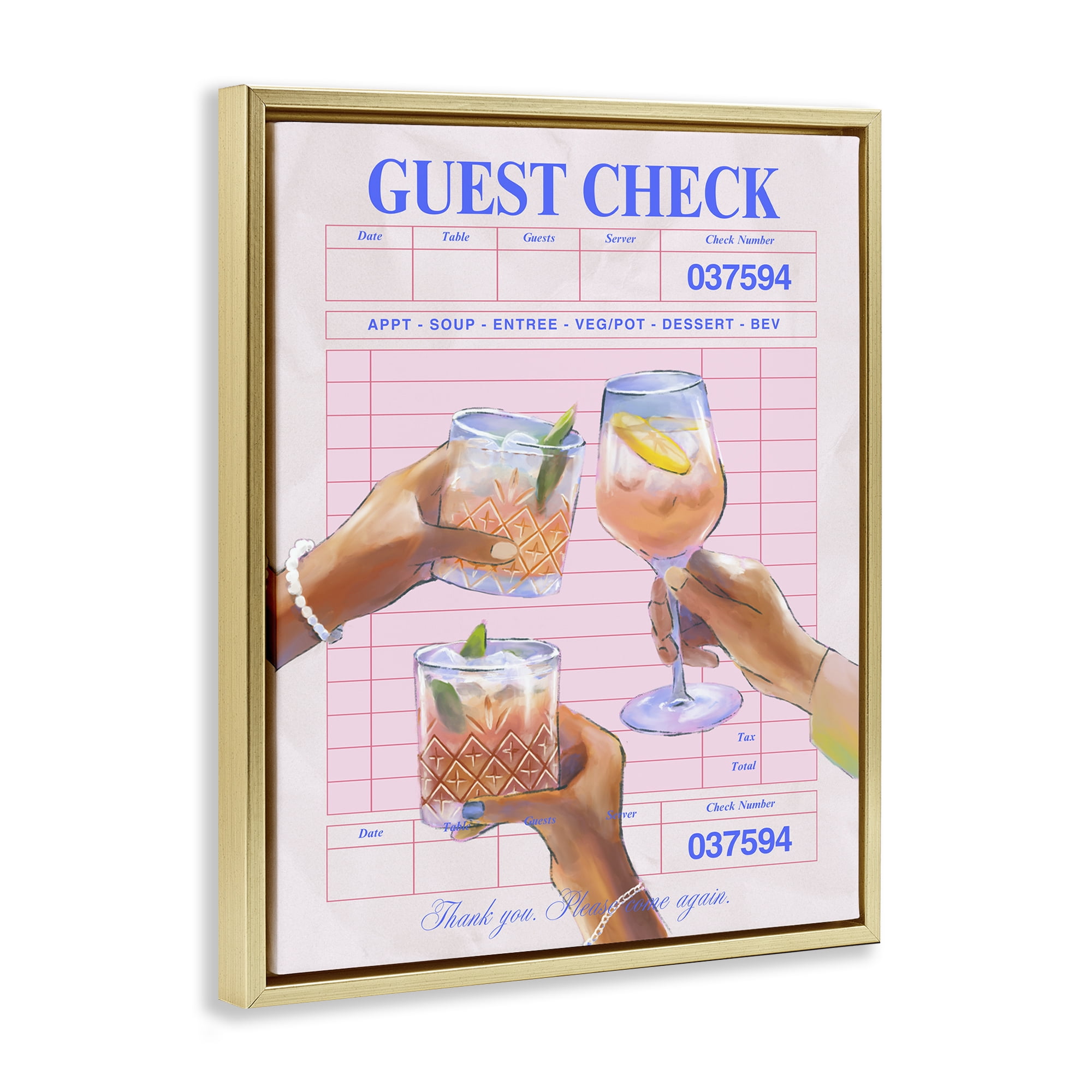 Stupell Industries Cheers over Guest Check Food & Beverage Painting Gold Floater Framed Canvas Art Print Wall Art, 25 x 31