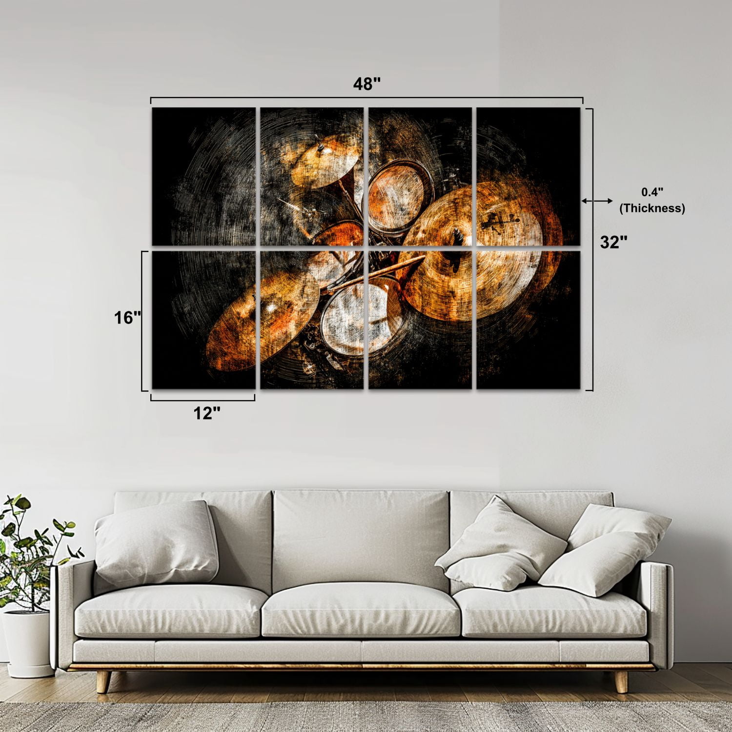 8 Pack Art Acoustic Panels Sound Absorbing Music Drum Kit Vintage Instrument Drum Set Band Drums Cymbals Circular Decorative Soundproof Wall Panels Self Adhesive for Nursery Game Room Bedroom 48"x32"