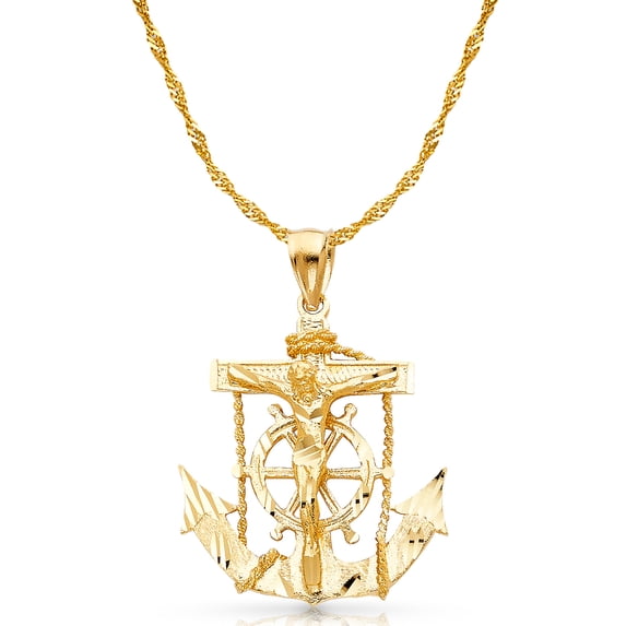 14K Yellow Gold Mariner Crucifix Charm Pendant with 1.8mm Singapore Chain Necklace - 20"