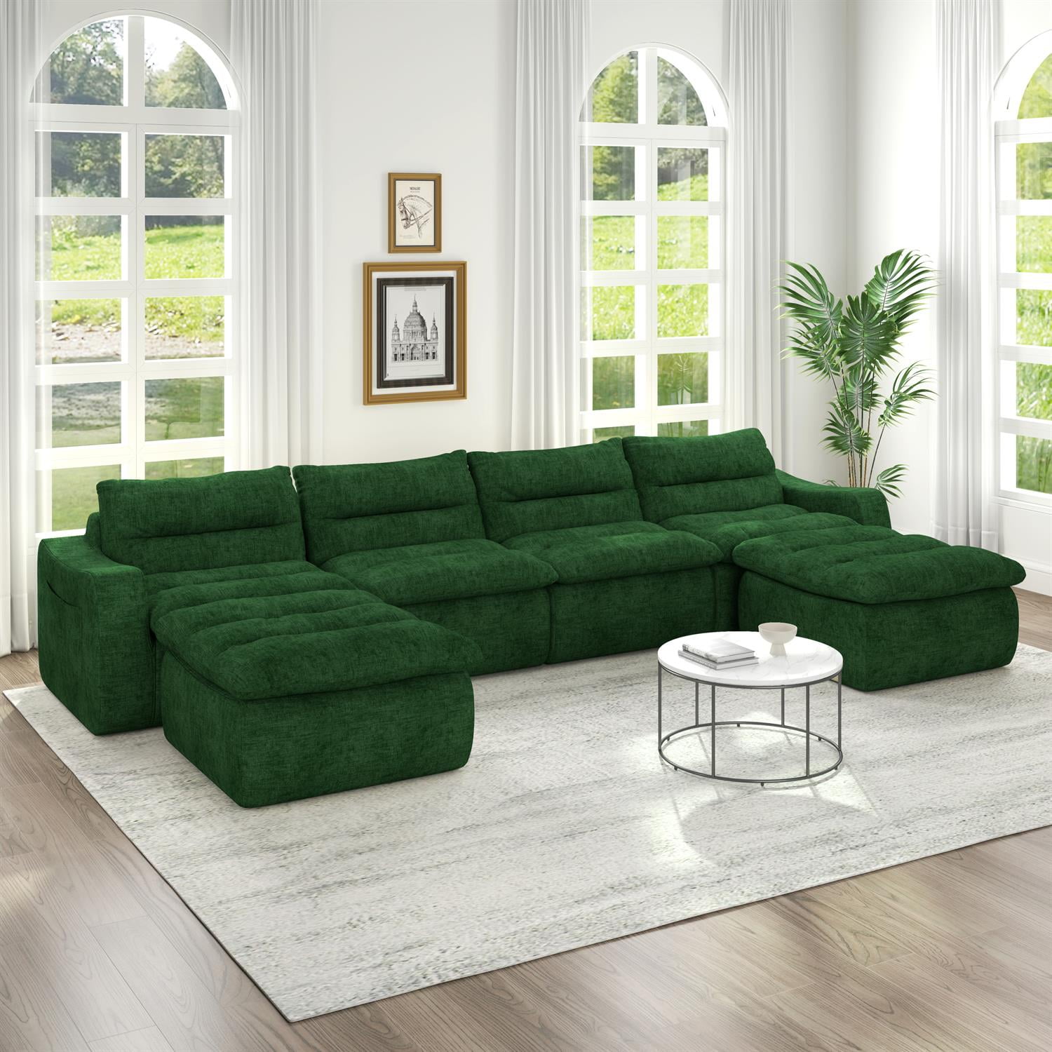 Demi Bonn 150" Modern L-Shaped Modular Sofa, Comfortable Beanbag Style, Stylish Lazy Couch for Living Rooms and Relaxation, Green