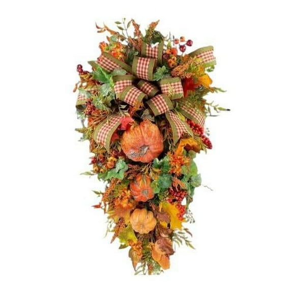 Fall Harvest Teardrop Swag with Light Thanksgiving Teardrop Wreath with Maple Leaves & Berry Artificial Floral Swag for Home Wall Door Indoor Outdoor Wedding Home Party Halloween Decor