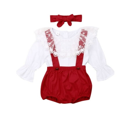 

xingqing 0-24M Christmas Newborn Baby Girls Clothes Long Sleeve Lace Collar Top Suspender Shorts+ Headband 3PCS Outfit Set White 12-18 Months