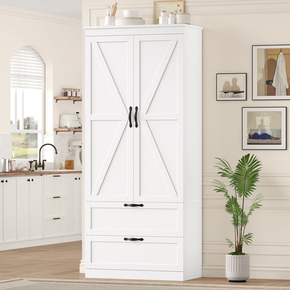Homfa 70'' Tall Kitchen Pantry with Shelf & Drawer, Farmhouse 2 Door Pantry Storage Cabinet for Dining Room Living Room, White