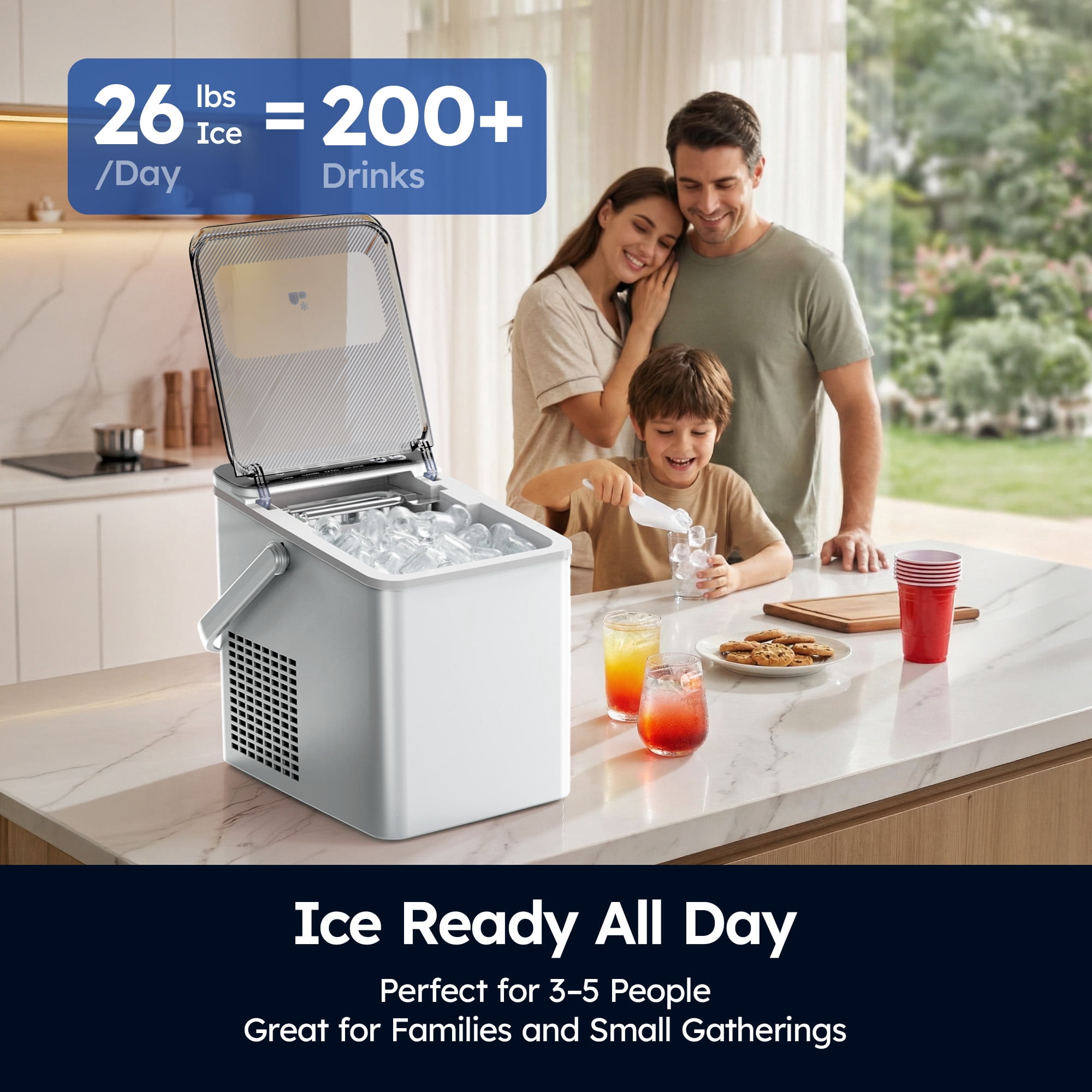 SIMZLIFE Portable Countertop Ice Maker Machine, 26 lbs Ice Per Day, 9 Bullet Ice Cubes Ready in 6 Minutes, Small & Large Ice Sizes, Self-Cleaning, 1.1L Water Tank, Ice Scoop & Basket, White