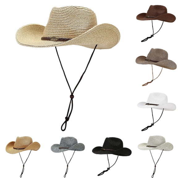 XIAOCHA Unisex Woven Straw Cowboy Hat Chin Cord Fastener Wide Brim Sun Cap