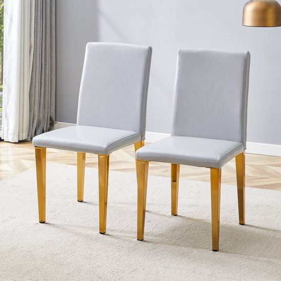 Nmkwnr Pack of 2 Modern Armless Dining Chair with Metal Legs, PU Leather Side Chair for Living Room, Dining Room, Light Gray Gold