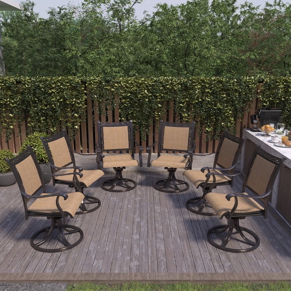 Mondawe 6 Piece Durable Bronze Metal Swivel Cast Aluminum Outdoor Dining Chair, 179lbs Padded Sling Chairs for Garden Lawn